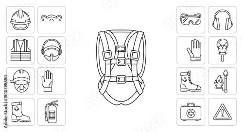 A set of safety icons and equipment illustrations in a flat, minimal design style
