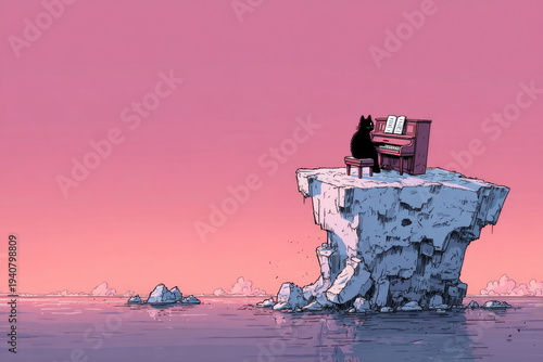 The cat plays the piano on an iceberg. Space for text.
