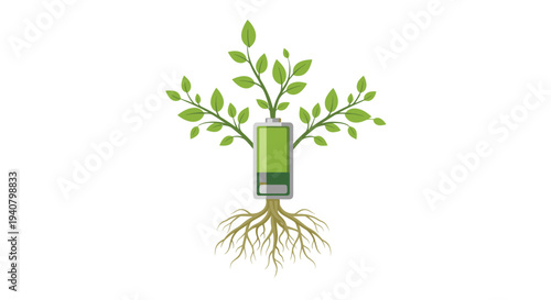 A vibrant green battery, half-charged, forms the trunk of a tree with lush green leaves and spreading brown roots.