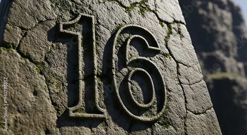 A close-up view of a carved number 16 on a stone surface