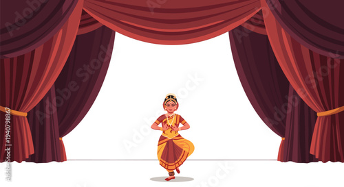 An Indian classical dancer in a brown and gold costume performs a traditional pose on a white stage framed by rich dark red curtains.