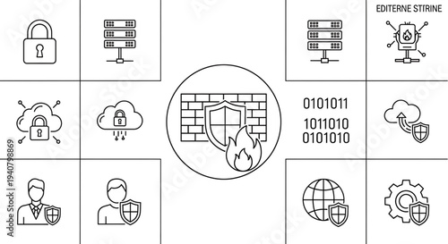 A set of security icons including padlocks, shields, and computers with protective symbols
