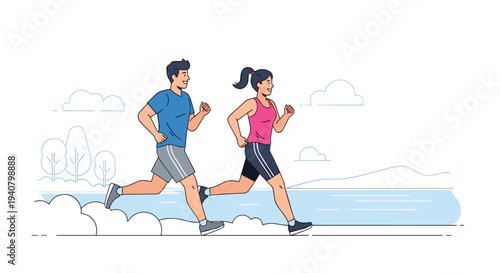 A man and a woman are jogging side-by-side outdoors, with a stylized landscape of hills, clouds, and trees in the background.