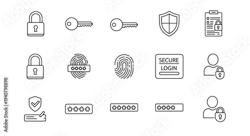 A set of security icons including locks, keys, and shields for login and protection