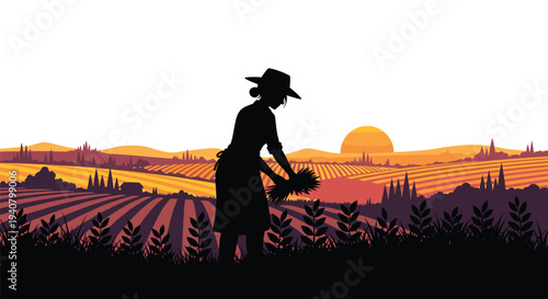 A silhouetted female farmer, wearing a hat, diligently harvests crops in the foreground against a dramatic sunset backdrop with a large orange sun and layered, rolling agricultural fields.