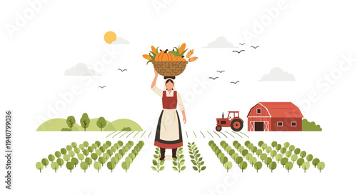 A diligent female farmer, wearing a red apron, carries a bountiful basket of pumpkins, corn, and wheat on her head through a vibrant green field with a red barn and tractor in the background.