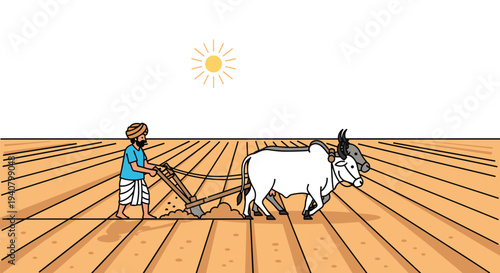 An Indian farmer, wearing a blue shirt and orange turban, diligently plows a vast light brown field with a traditional wooden plow pulled by two white oxen under a bright sun.