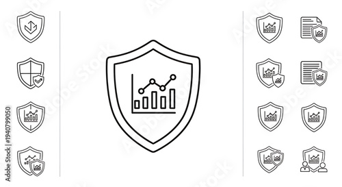 A set of vector graphic icons depicting security and protection of business data and statistics
