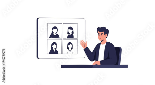 Vector illustration of man in business suit waving at video conference on laptop screen with four people