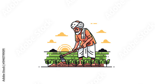 An elderly Indian farmer, wearing an orange shirt and white turban, diligently hoes the soil around young green plants in a field under a warm, setting sun.