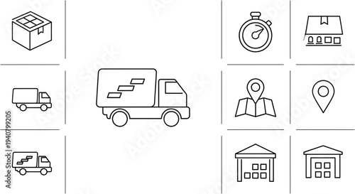 A set of minimalist line art icons depicting various delivery and logistics symbols
