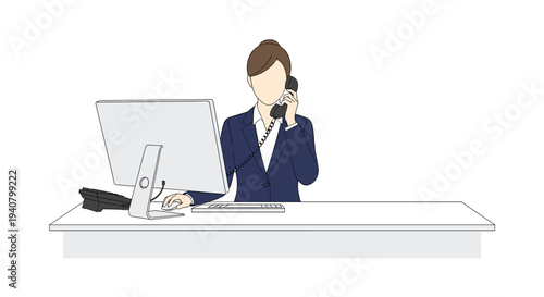 A minimalist illustration shows a female office worker in a dark blue suit seated at a white desk, talking on a landline phone and using a computer mouse.