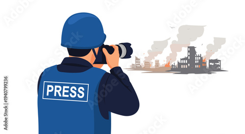 A male photographer in a blue helmet and PRESS vest captures images of a war-torn city with smoke and destroyed buildings.
