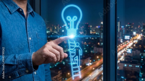 Man pointing at light bulb idea with ladder icon for career success
