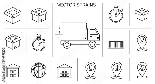 A set of vector icons depicting delivery and shipping concepts in a minimalist flat design style