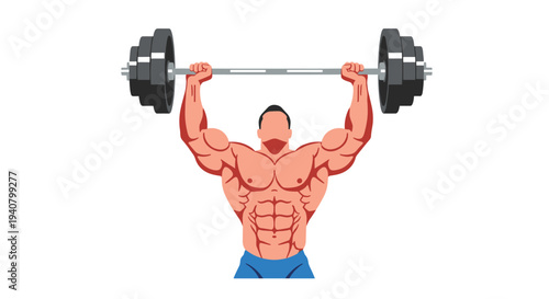 A muscular, bare-chested man with prominent abs lifts a silver barbell with black weights directly overhead against a white background.