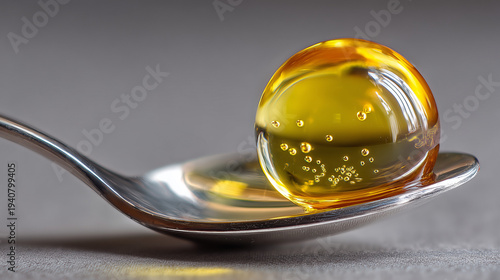 Ai Close view of a spoon holding an oil-filled capsule with bubbles resting on a smooth surface