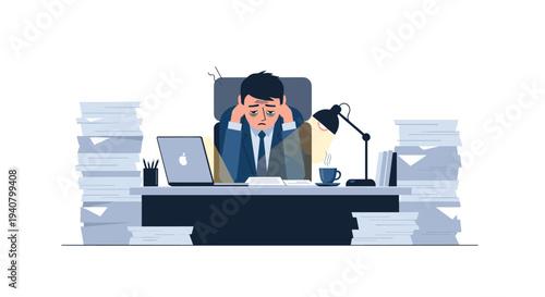 An overwhelmed businessman in a blue suit sits hunched at a dark desk, holding his head, surrounded by towering stacks of papers.