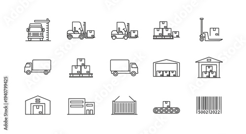 A set of vector icons depicting various warehouse and logistics symbols, including trucks, forklifts, and shipping containers.