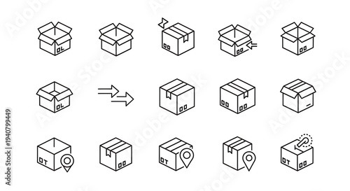 A set of minimalist icons depicting various cardboard box designs and actions in a simple line art style