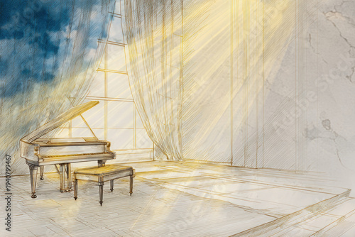 A grand piano by the window in sunlight, an interior scene. Space for text.