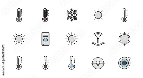A set of vector graphic icons depicting various temperature and weather symbols