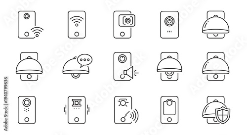 A set of line art icons depicting various smart home security devices and gadgets