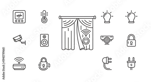 A set of modern smart home icons in a minimal line art style
