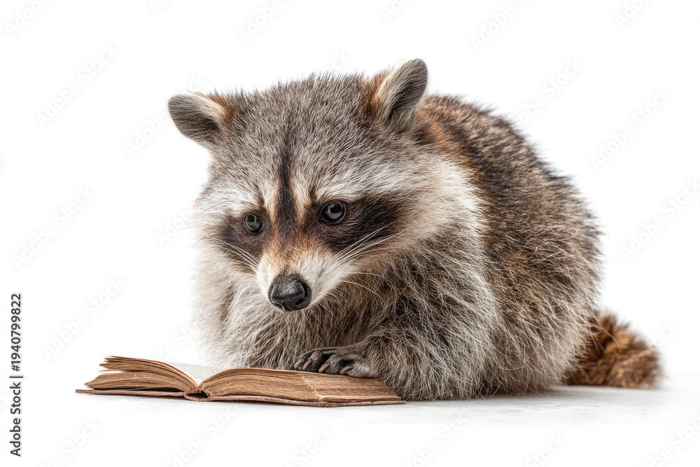 Obraz premium Raccoon reading an old book on a white background. Space for text.