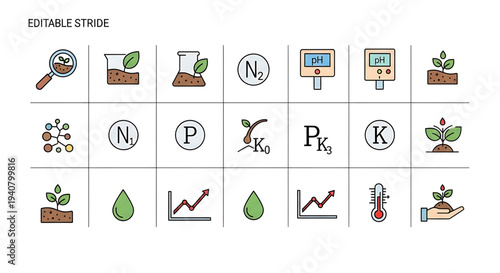 A set of editable vector icons illustrating various soil and plant growth concepts, including pH levels, nutrient analysis, and plant development.