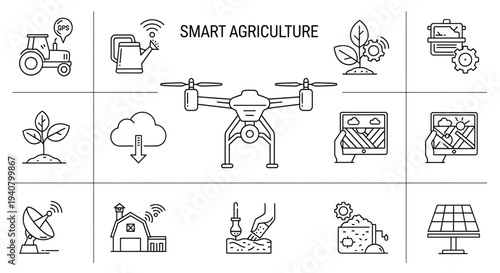 A vector graphic illustration of smart agriculture icons, including a drone, tractor, and satellite, representing modern farming technology.