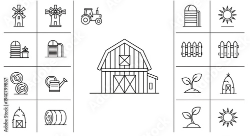 A set of farm icons and illustrations in a minimalist line art style