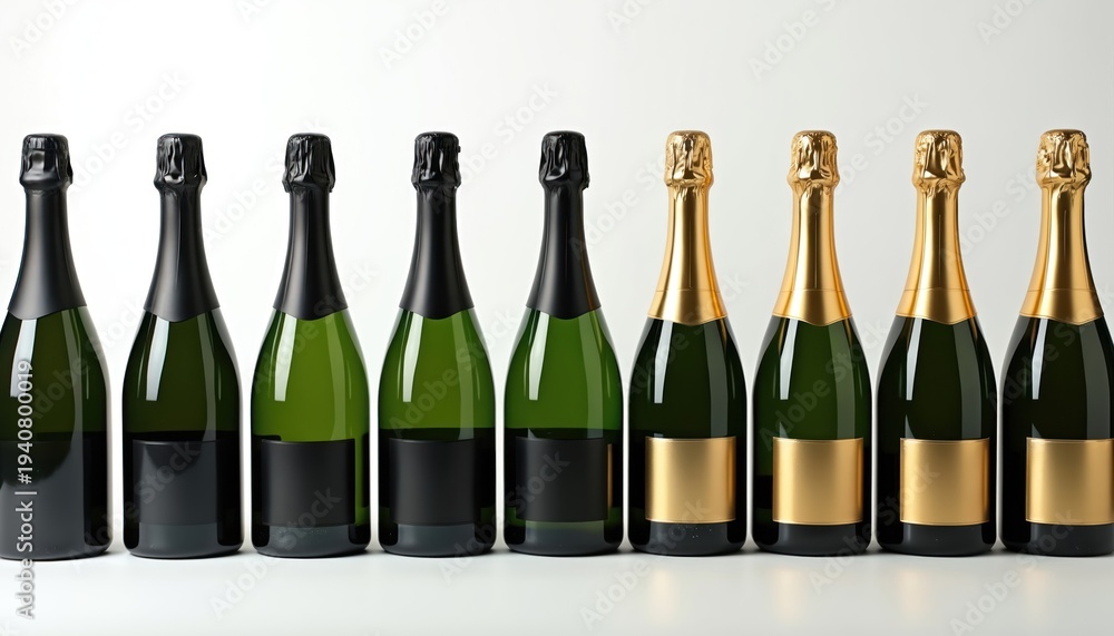 Obraz premium Several green bottles of sparkling wine stand in row on white background. Some bottles have black caps and labels, others have gold foil caps and labels, indicating premium product for celebration.