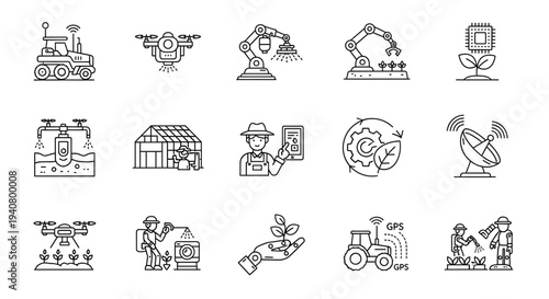 A set of modern agricultural icons featuring farming and technology illustrations