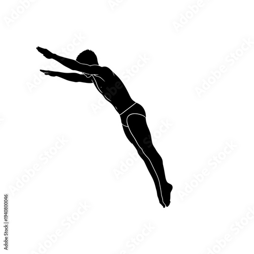 Dynamic silhouette icon of a swimmer or diver in mid-air, capturing the athletic grace and motion of a powerful plunge. Ideal for sports and activity designs