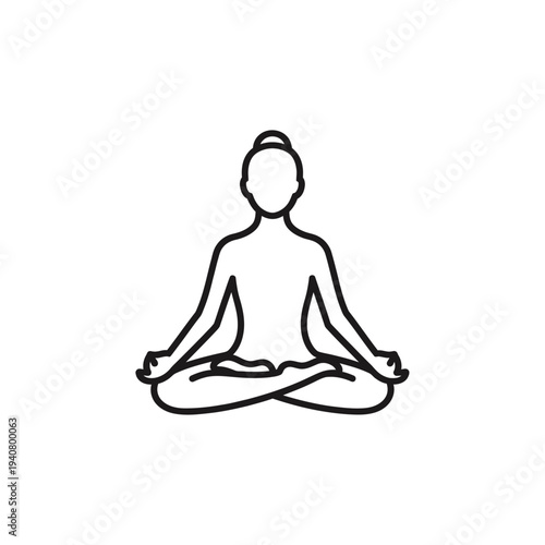 Simple line art icon of a person meditating in a lotus position, representing relaxation, mindfulness, and inner peace for wellness and spiritual well-being