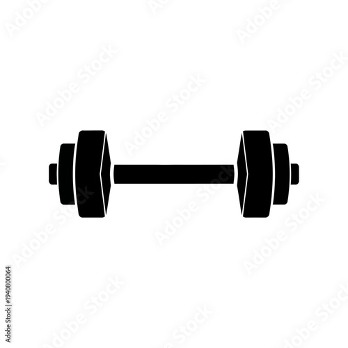 Minimalistic black silhouette icon of a dumbbell, symbolizing fitness, weightlifting, and strength training equipment for workout and exercise activities in a gym setting