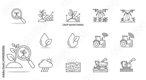 A set of vector icons illustrating various aspects of agriculture and crop monitoring