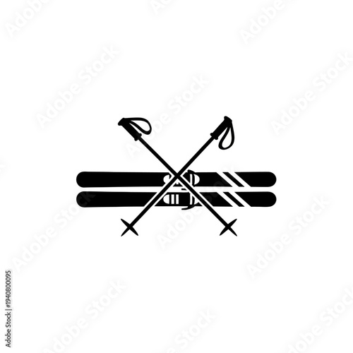 Minimalist black and white vector icon illustration featuring a pair of skis and two crossed ski poles, symbolizing winter sports, snow activities, and alpine recreation