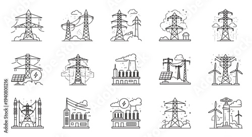 A set of vector illustrations depicting various power transmission towers and renewable energy sources
