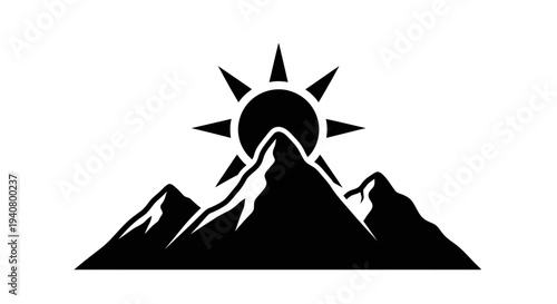Black Silhouette Mountain Range with Sun.