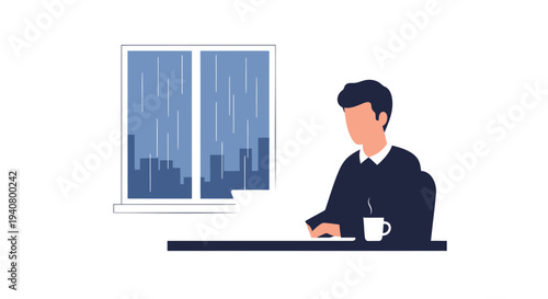 Vector illustration of businessman working at desk by window on rainy day