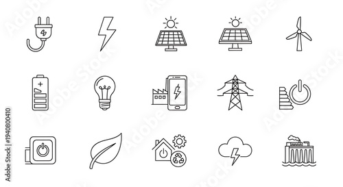 A set of minimalist line art icons representing various renewable energy and power concepts