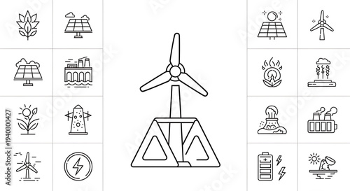 A set of renewable energy icons in a flat, minimalist design style, featuring various sustainable power sources.