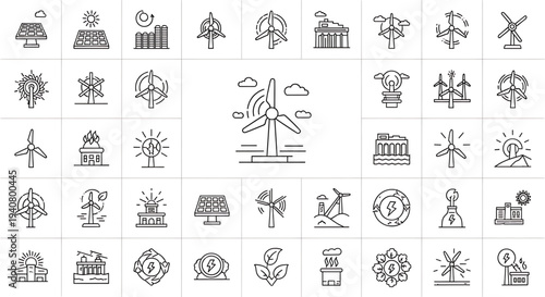 A collection of vector icons illustrating various renewable energy sources and sustainable concepts in a minimalist flat design style.
