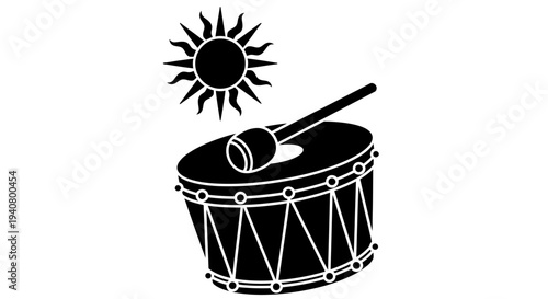 Drum with Drumstick and Sun Symbol.