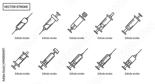 A set of editable vector syringe icons in a minimalist stroke style for medical illustrations