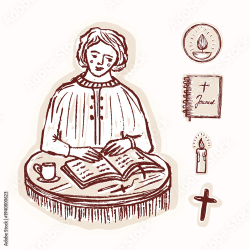 Photos Pretty hand drawn bible journaling woman on table with cross, candle , coffee cup with bible you can write in