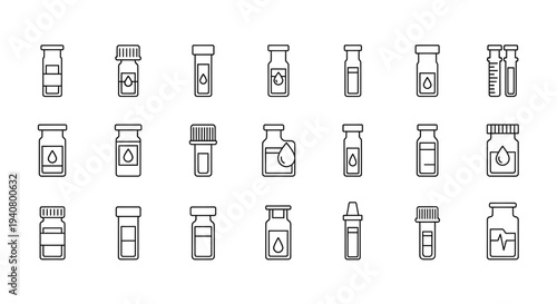 A set of black and white line art icons depicting various medical vials and test tubes