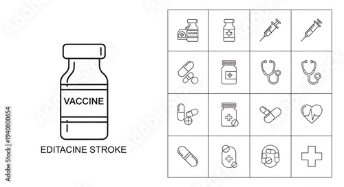 A vector graphic illustration of medical icons including a vaccine bottle and various health symbols in a flat, minimal design style.